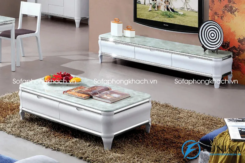 Mẫu bàn trà sofa đẹp mặt đá với màu xanh ngọc nhạt và đường vân lạ mắt