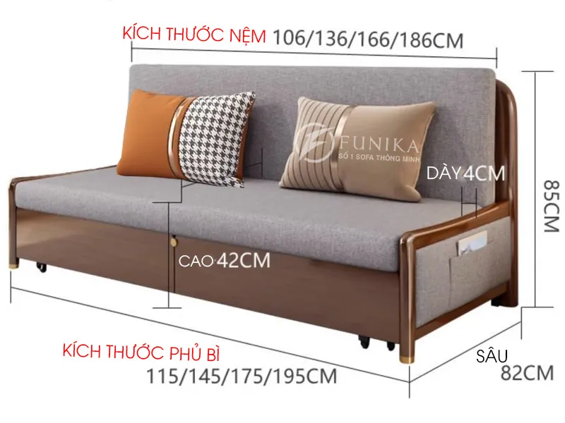 Kích thước sofa giường gỗ thông minh 508 nhập khẩu.