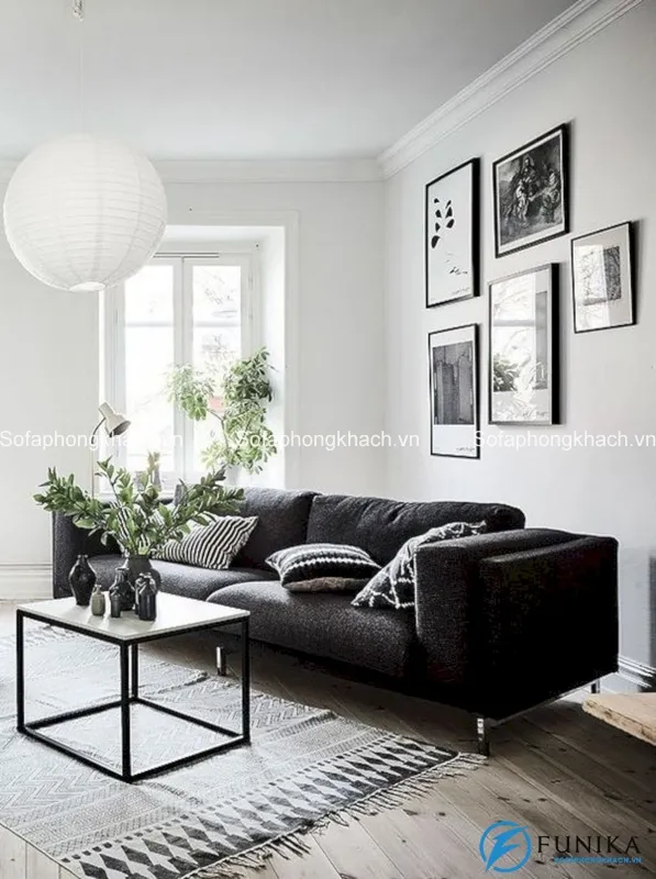 Mẫu phòng khách đẹp nổi bật với tone màu trắng đen
