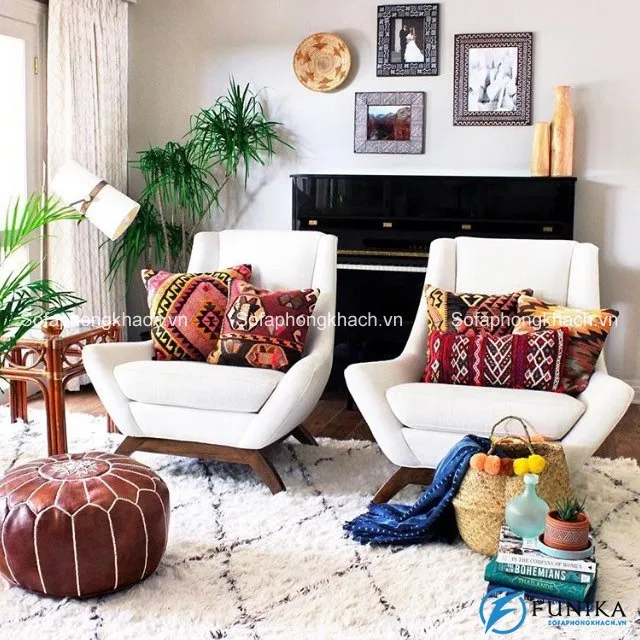 Sofa phòng khách đẹp nổi bật khi có họa tiết Bohemian làm điểm nhấn