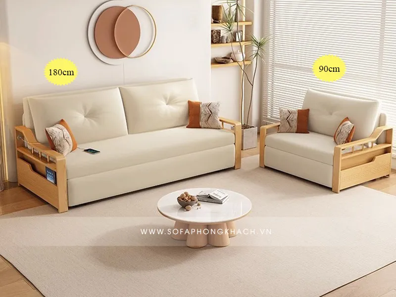 Ghế sofa giường gỗ thông minh 505 khi kết hợp với một chiếc ghế đơn cho phòng khách.