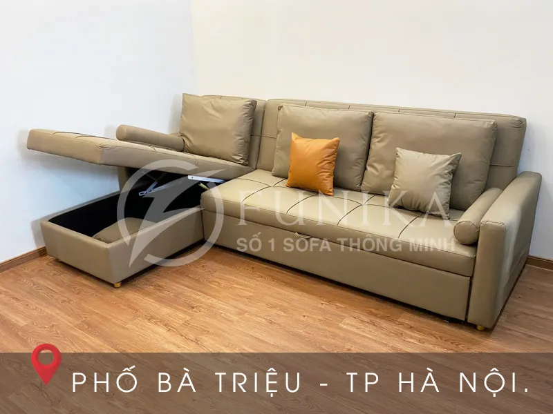Ghế giường thông minh 1905 ở trạng thái ghế đang mở hộp đồ ở góc L.