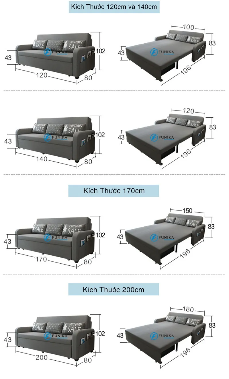 Sofa giường Hải Phòng có nhiều kích thước