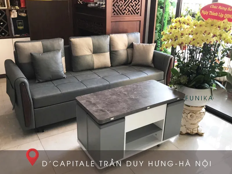 Bàn thông minh FC002 màu vân đá và sofa giường L06-3 cao cấp tại Trần Duy Hưng Hà Nội.