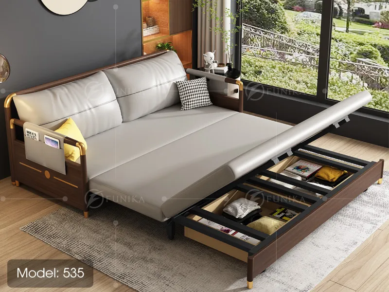 sofa giường gỗ 535 khi mở hộp đồ