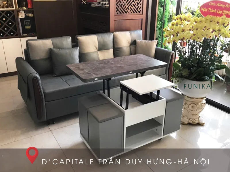 Bàn thông minh FC002 màu vân đá và sofa giường L06-3 cao cấp tại Trần Duy Hưng Hà Nội.