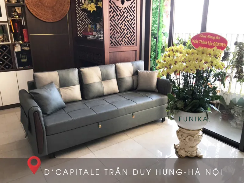 Bàn thông minh FC002 màu vân đá và sofa giường L06-3 cao cấp tại Trần Duy Hưng Hà Nội.