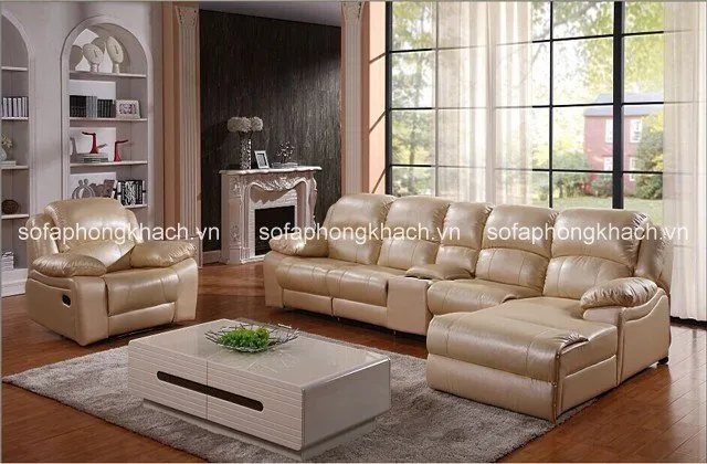 Ghế sofa da phòng khách gam màu kem cho phòng khách hiện đại