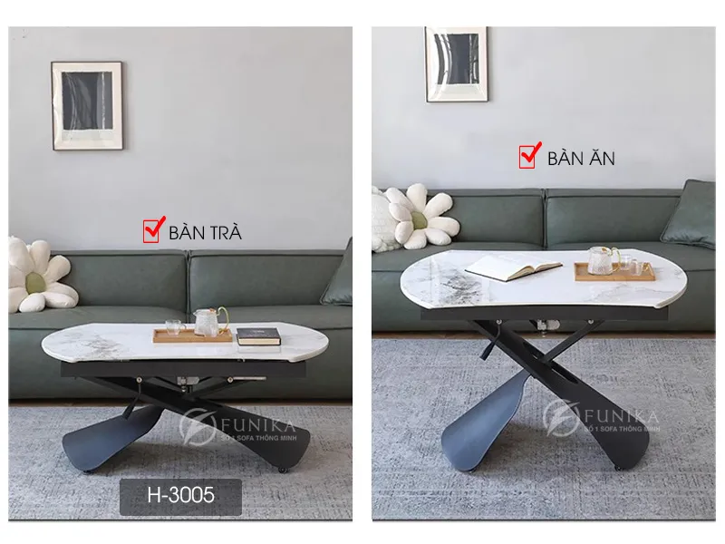 Hai trạng thái của bàn ăn nâng hạ xoay tròn H3005