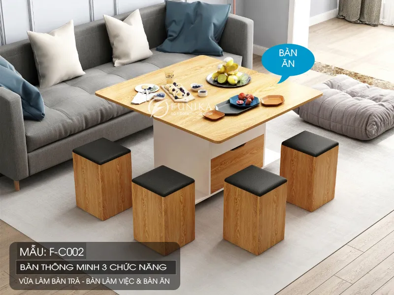 Bàn thông minh FC002 khi ở trạng thái làm bàn ăn 04 ghế