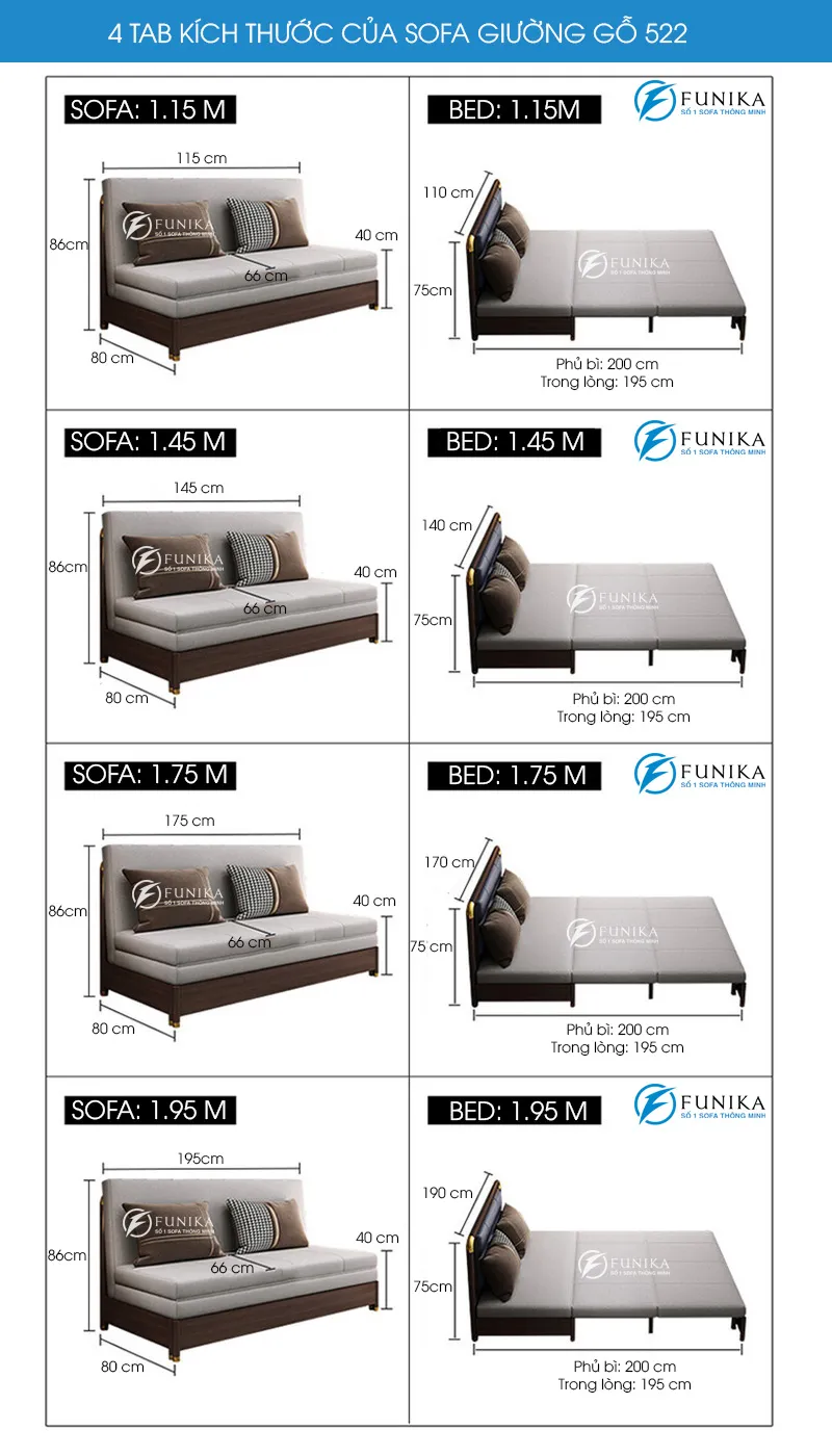 Bảng kích thước sofa giường gỗ thông minh 522