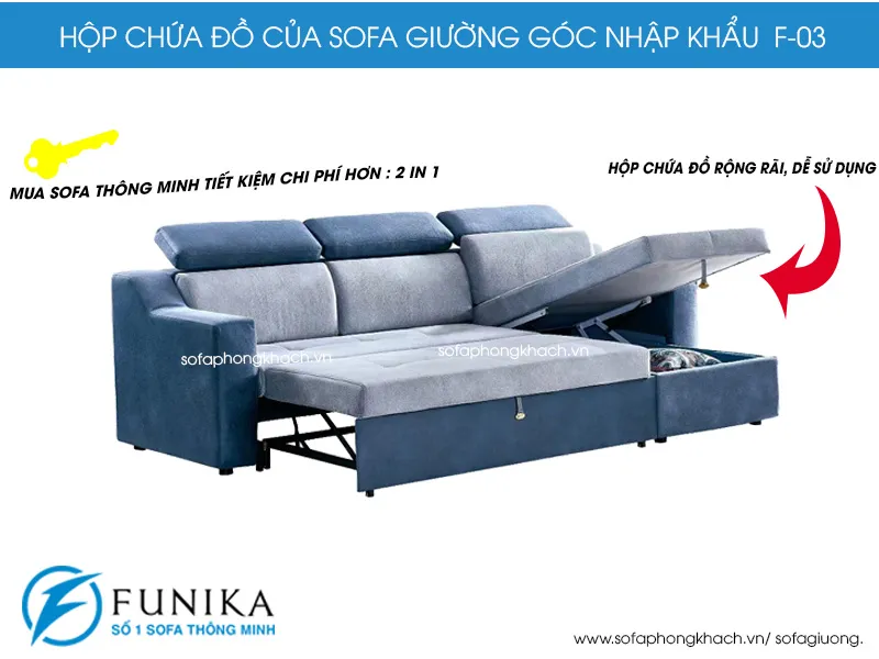 Ghế sofa giường F03 có khả năng cất giữ đồ đạc 