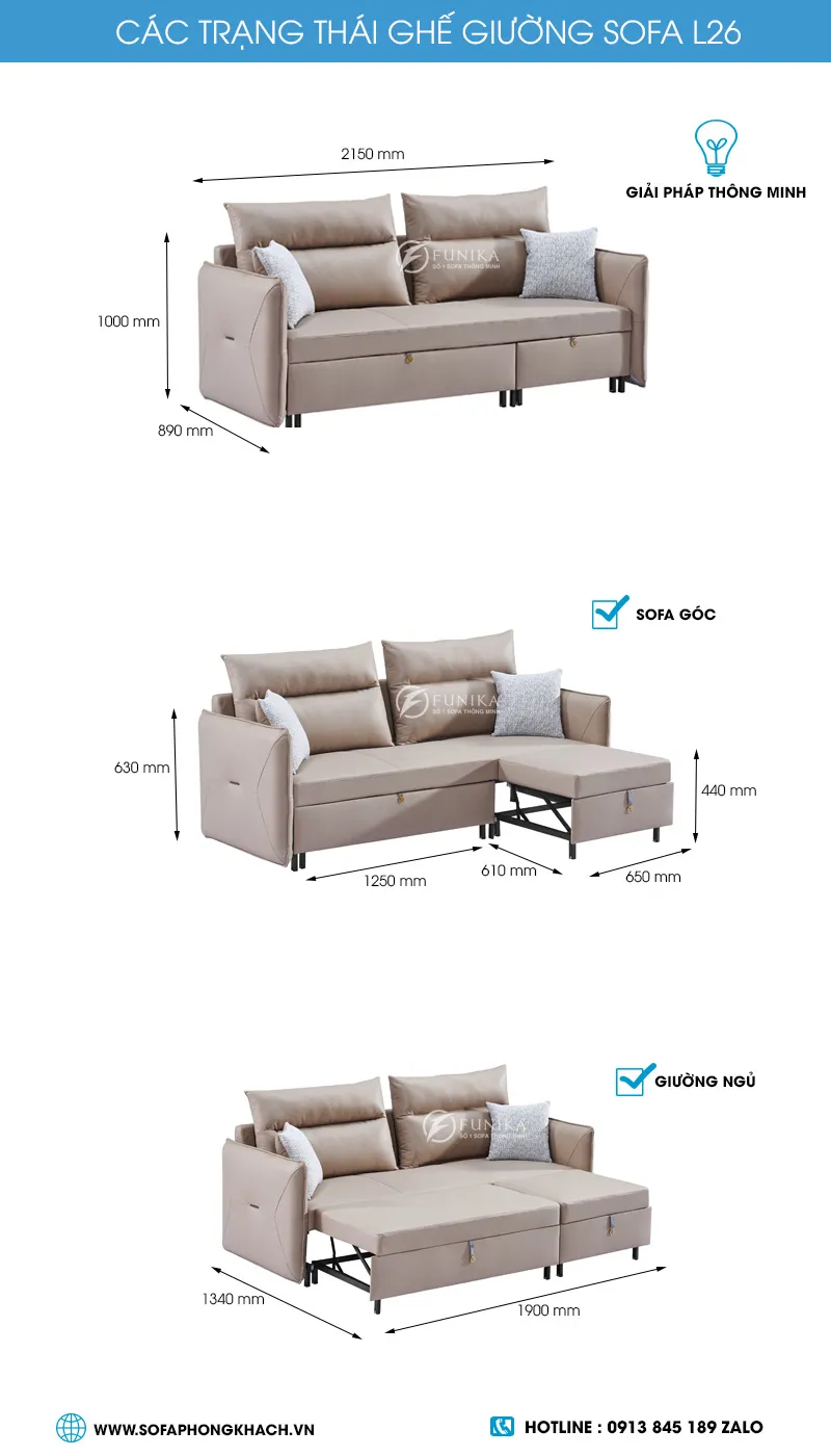 Kích thước các trạng thái ghế giường sofa L26