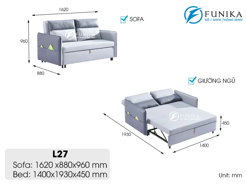 Kích thước Ảnh đại diện ghế kéo thành giường L27