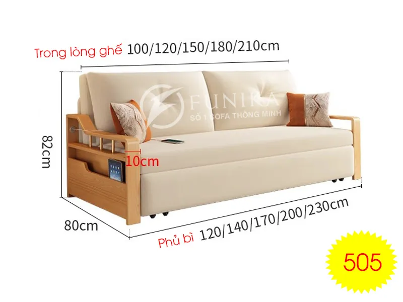 kích thước ghế sofa giường gỗ thông minh 505 nhập khẩu.
