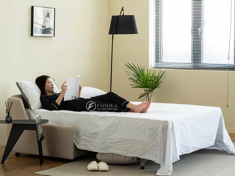 sofa giường thần kỳ 00965 cao cấp khi ở trạng thái giường nằm.