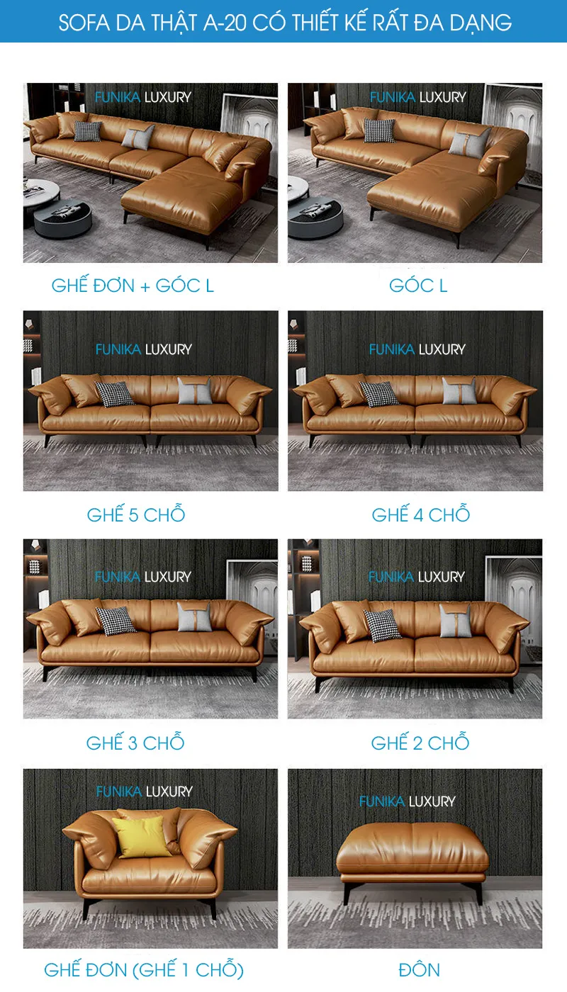 Sofa da thật A20 được thiết kế rất đa dạng về kiểu dáng