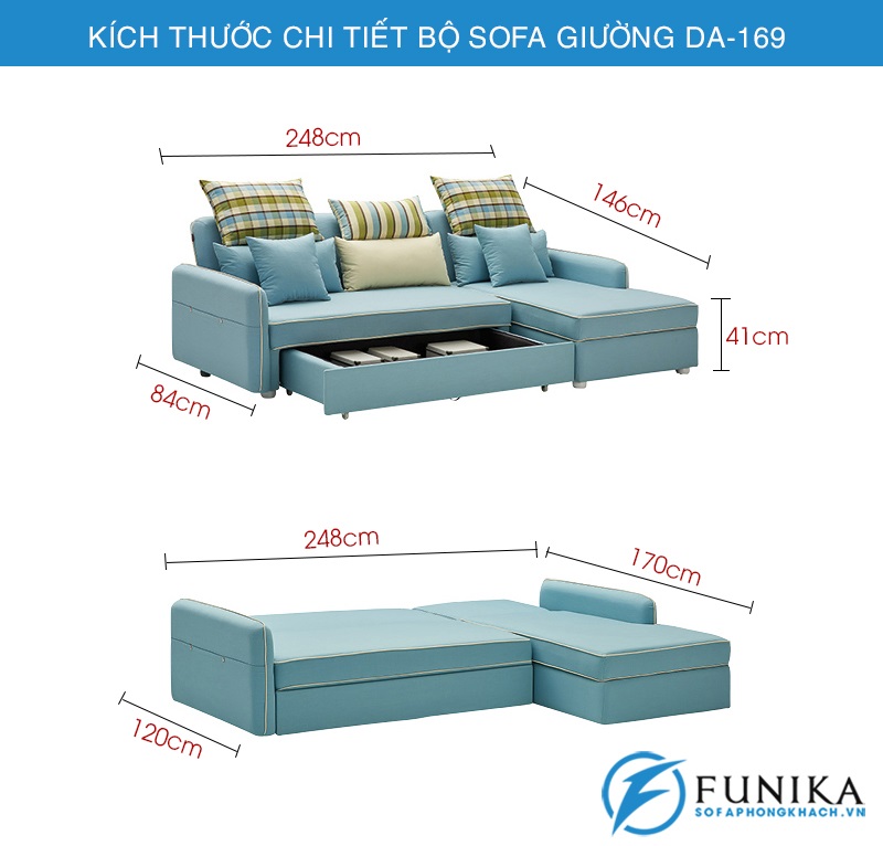 kích thước chi tiết sofa giường DA-169-5