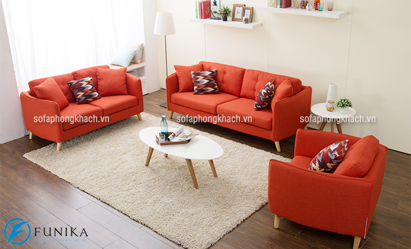 Bộ ghế sofa khung gỗ sồi với nệm ghế màu đỏ sang trọng và ấn tượng