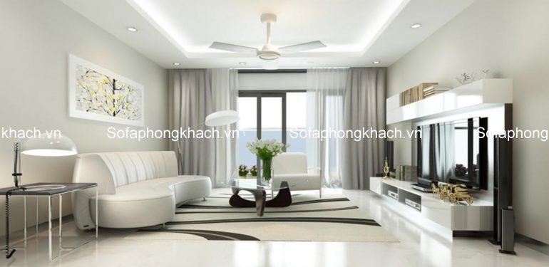 Không gian phòng khách với ghế sofa phòng khách đẹp gam màu trắng mang đến cảm giác sang trọng