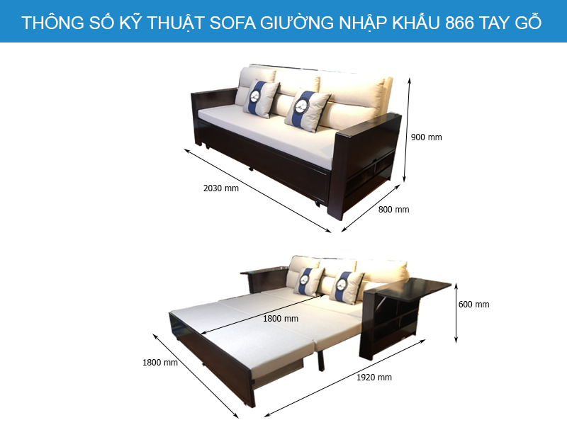 Kích thước chi tiết sofa giường 866 tay gỗ 