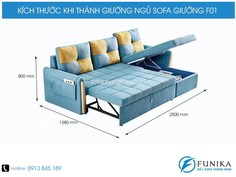 Kích thước chi tiết khi biến thành giường của sofa giường F01