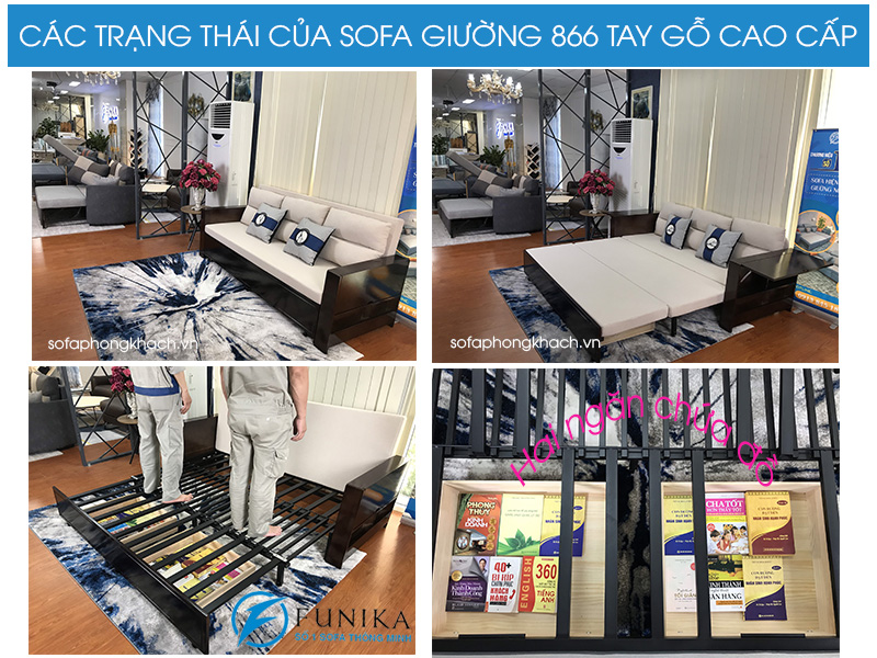 Các trạng thái của sofa giường 866 cao cấp tay gỗ