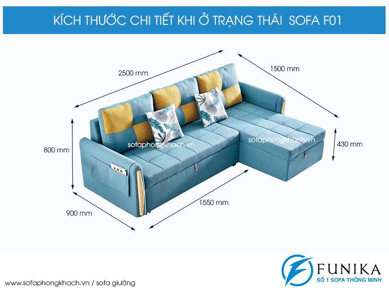 Kích thước chi tiết sofa giường nhập khẩu F01