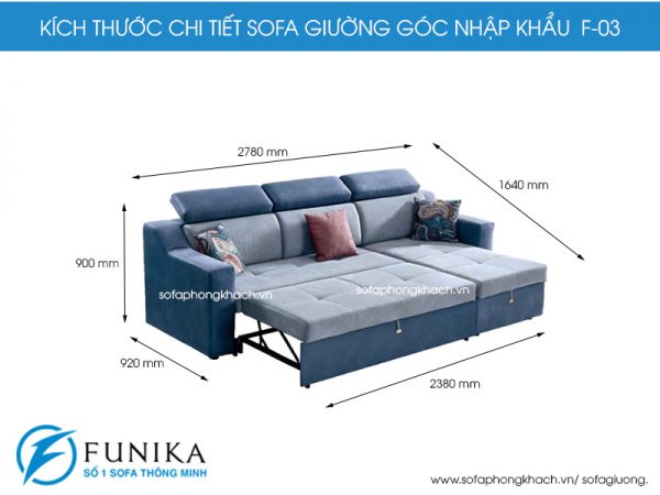 kích thước chi tiết sofa giường góc F03 nhập khẩu.