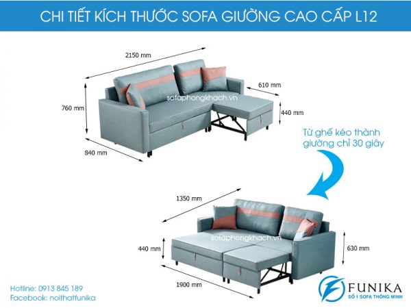 Kích thước sofa giường cao cấp L12