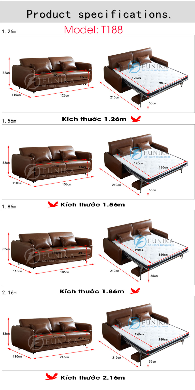 Các kích thước của sofa giường thông minh cao cấp T188.