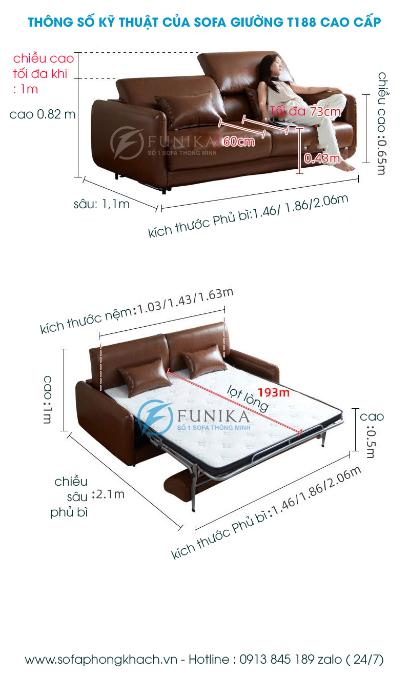 Kích thước chi tiết của sofa giường T188 ở trạng thái ghế sofa và giường ngủ.