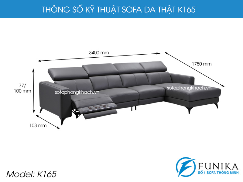 Kích thước của sofa thật K165.