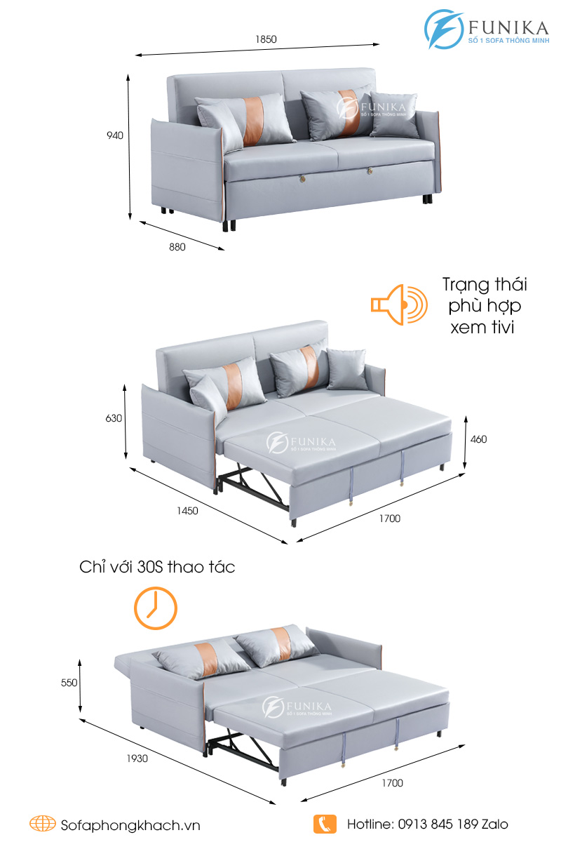 Kích thước sofa giường kéo L23 nhập khẩu 