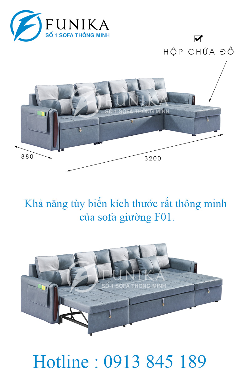 Ghế sofa giường kéo thông minh L06-3 với kích thước rộng 3m2.