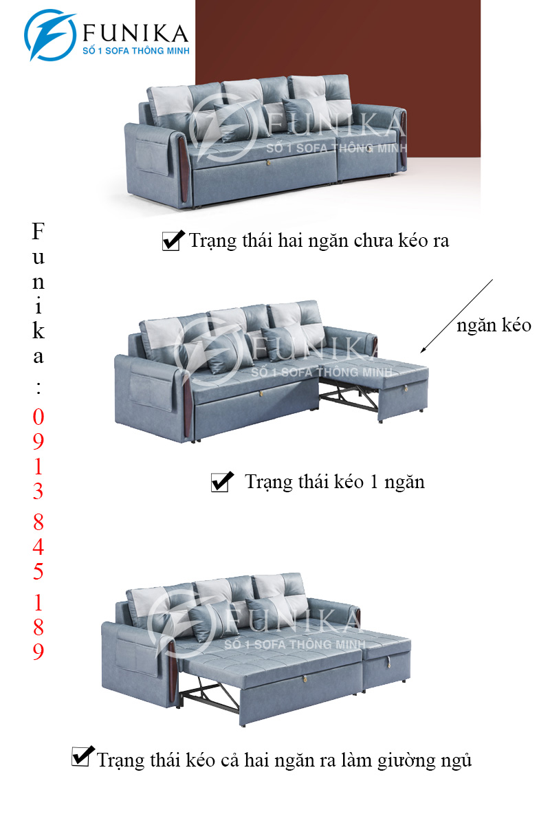 Ghế sofa giường kéo thông minh L06-3 với thiết kế 02 ngăn kéo thông minh tiện lợi.