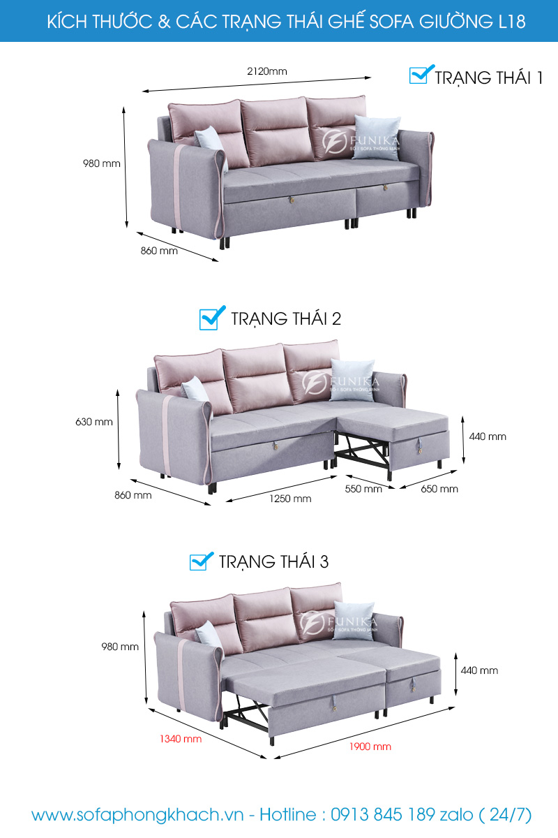 Kích thước ghế sofa giường 02 ngăn kéo L18
