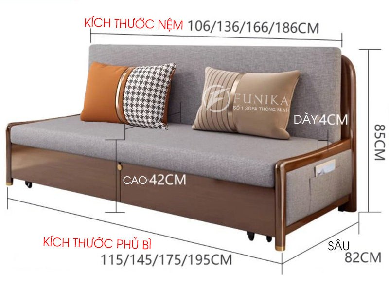 Kích thước sofa giường gỗ thông minh 508 nhập khẩu.