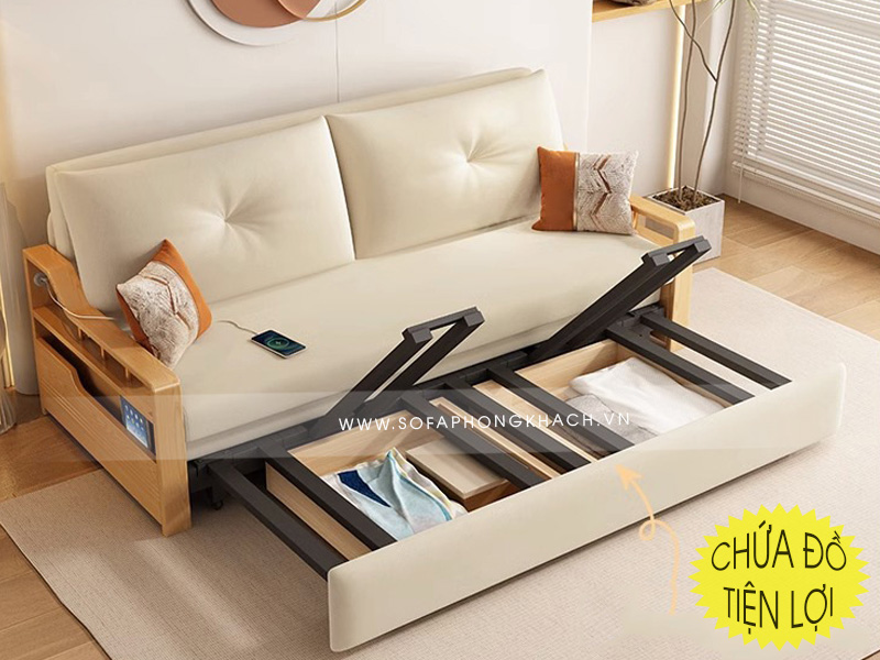 Ghế sofa giường gỗ thông minh 505 khi ở trạng thái mở hộp đồ ra.