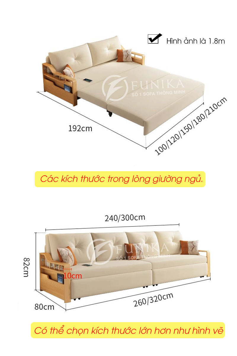 Kích thước sofa giường gỗ thông minh 505 khi ở trại thái giường và khi ghép lại thành kích thước rộng hơn.