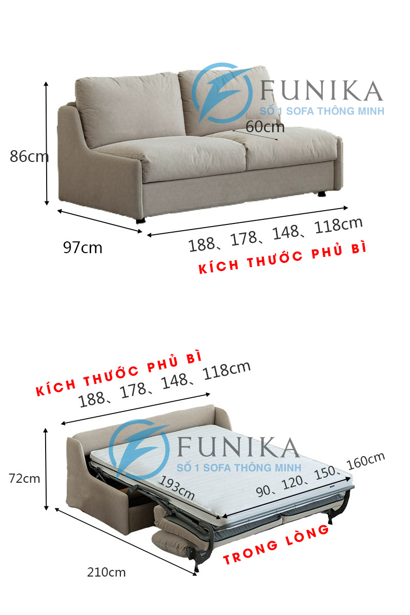 Kích thước phủ bì và trong lòng của sofa giường thần kỳ 00965.