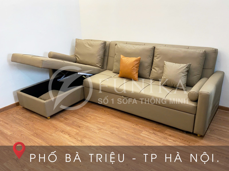 Ghế giường thông minh 1905 ở trạng thái ghế đang mở hộp đồ ở góc L.